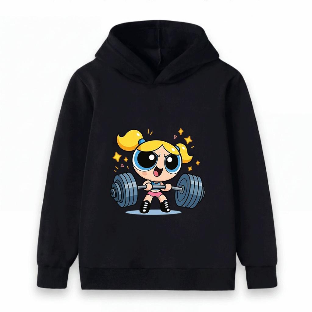 Kids Boys Girls Pullover Hoodie, Cute Bubbles Powerpuff Weight Lifting Cartoon Print Casual Soft Hooded Sweatshirt for Children Daily Wear
