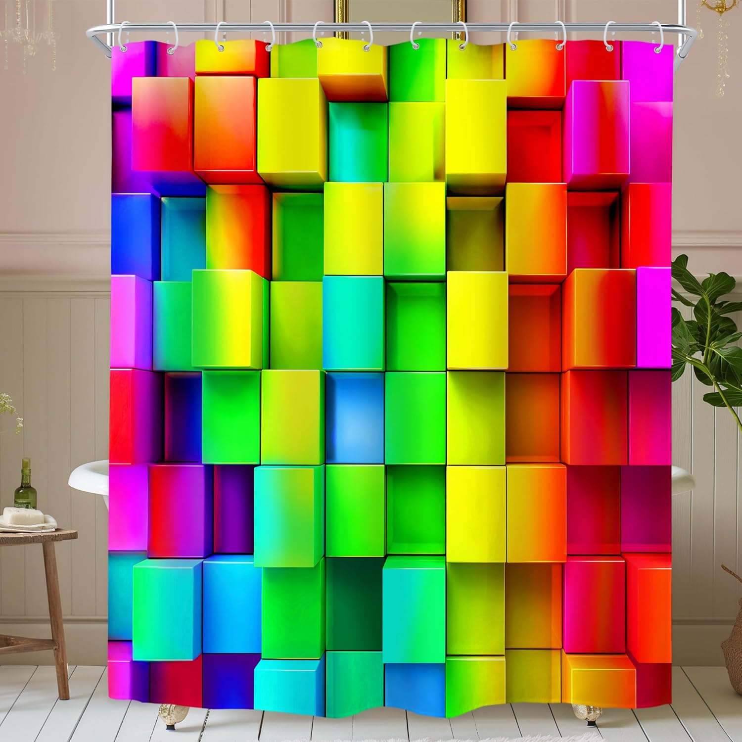 Exquisite Fashion Items Extra Long Colorful Rainbow Wall Shower Curtain Abstract Brick Neon 3D Bright Geometric Plaid Colored Modern Chromatic Bathroom