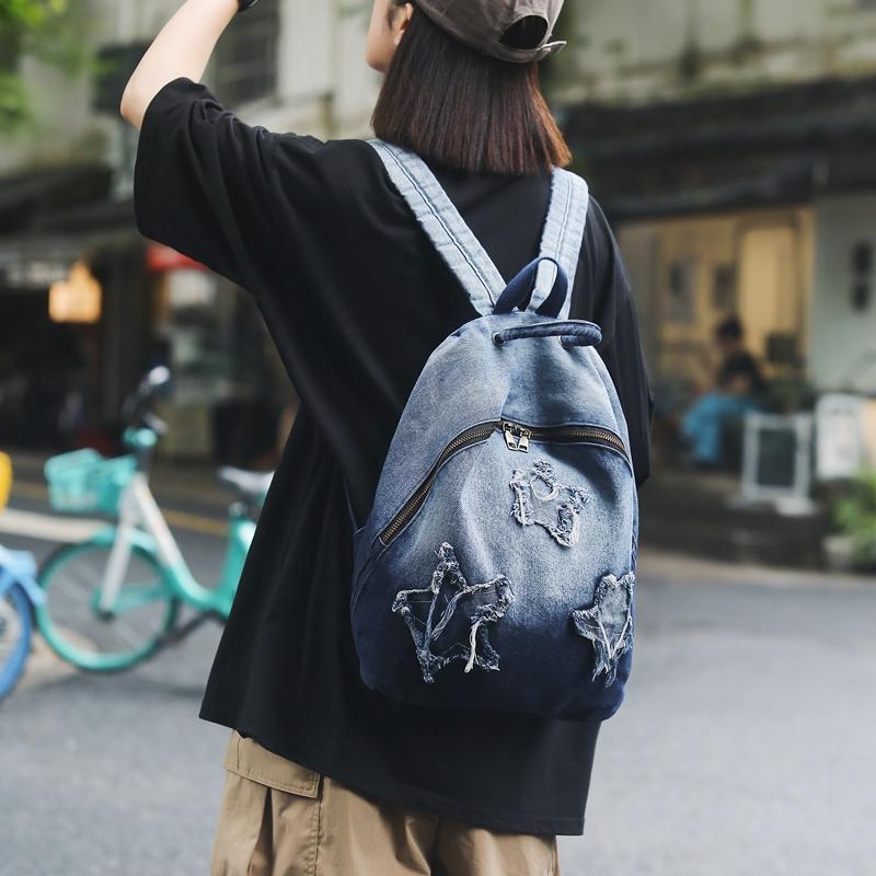 Rucsac Școlar pentru Elevi Rucsac Denim cu Gradient pentru Elevi de Gimnaziu