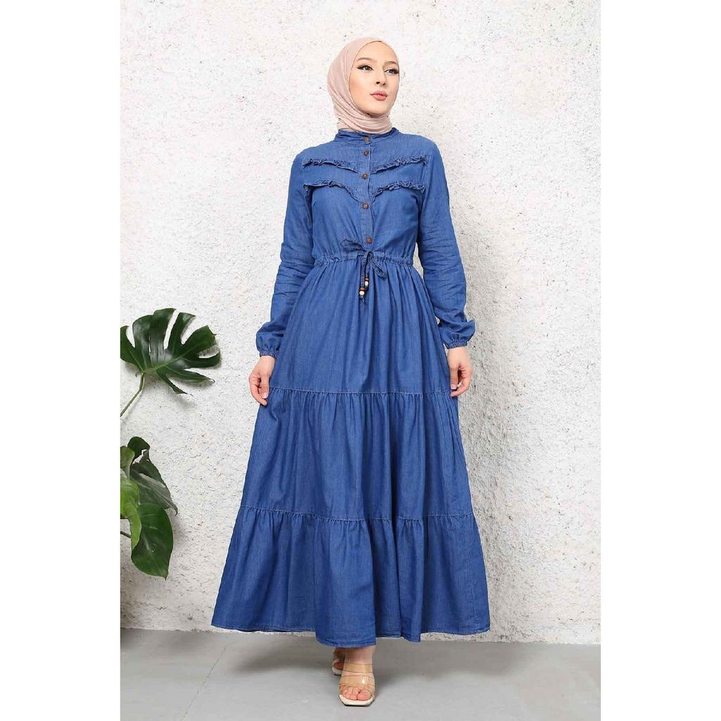 Темно-синее джинсовое платье-хиджаб со складками и оборками на талии ...