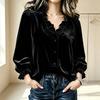 Solid Color Velvet Ruffled V-Neck Top Women'S Vintage Puff Sleeve Button-Down Shirt