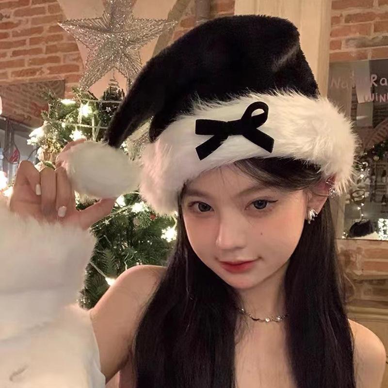 Girl Christmas Hat Decoration Bow Xmas Cap Women New Year Gift Winter Warm Plush Pullover Caps Christmas Decor