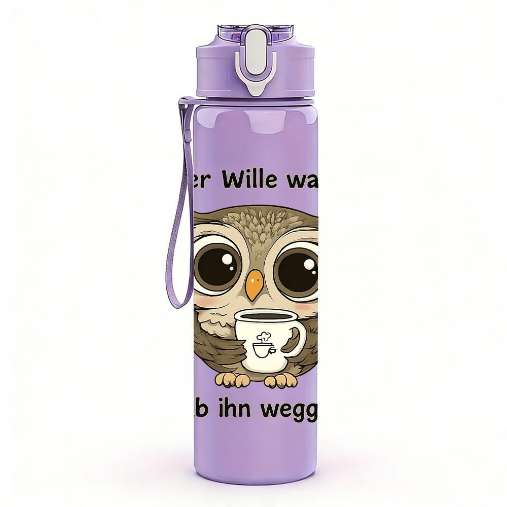 1PC German Text Owl Cartoon Print 750ml Color Plastic Sports Water Bottle Leakproof Flip Straw Lid Suitable for Sports Office Home Use