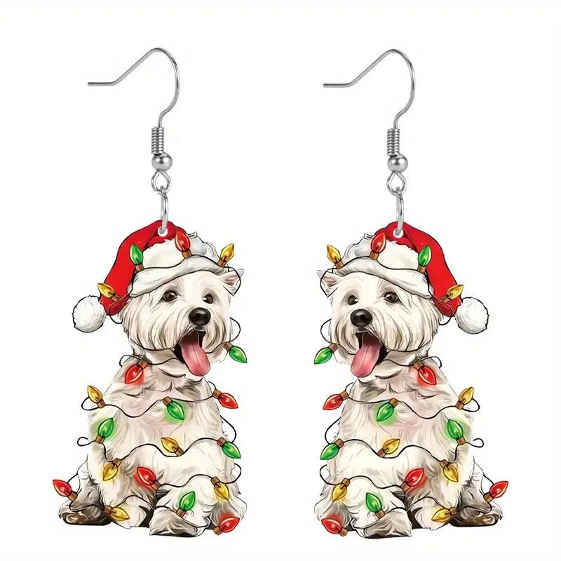 Festive Puppy Earrings: Cute Acrylic Earrings with Santa Hats