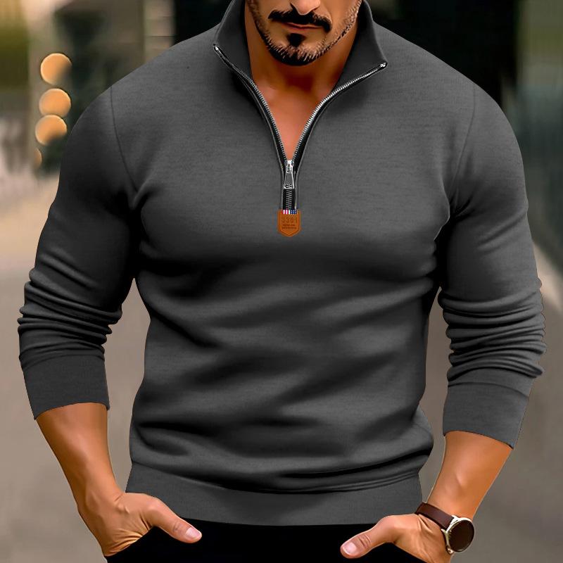 Autumn/Winter Men's Casual Fleece-Lined Solid-Colour Long-Sleeved Half-Zip Stand-Collar Sweatshirt Top