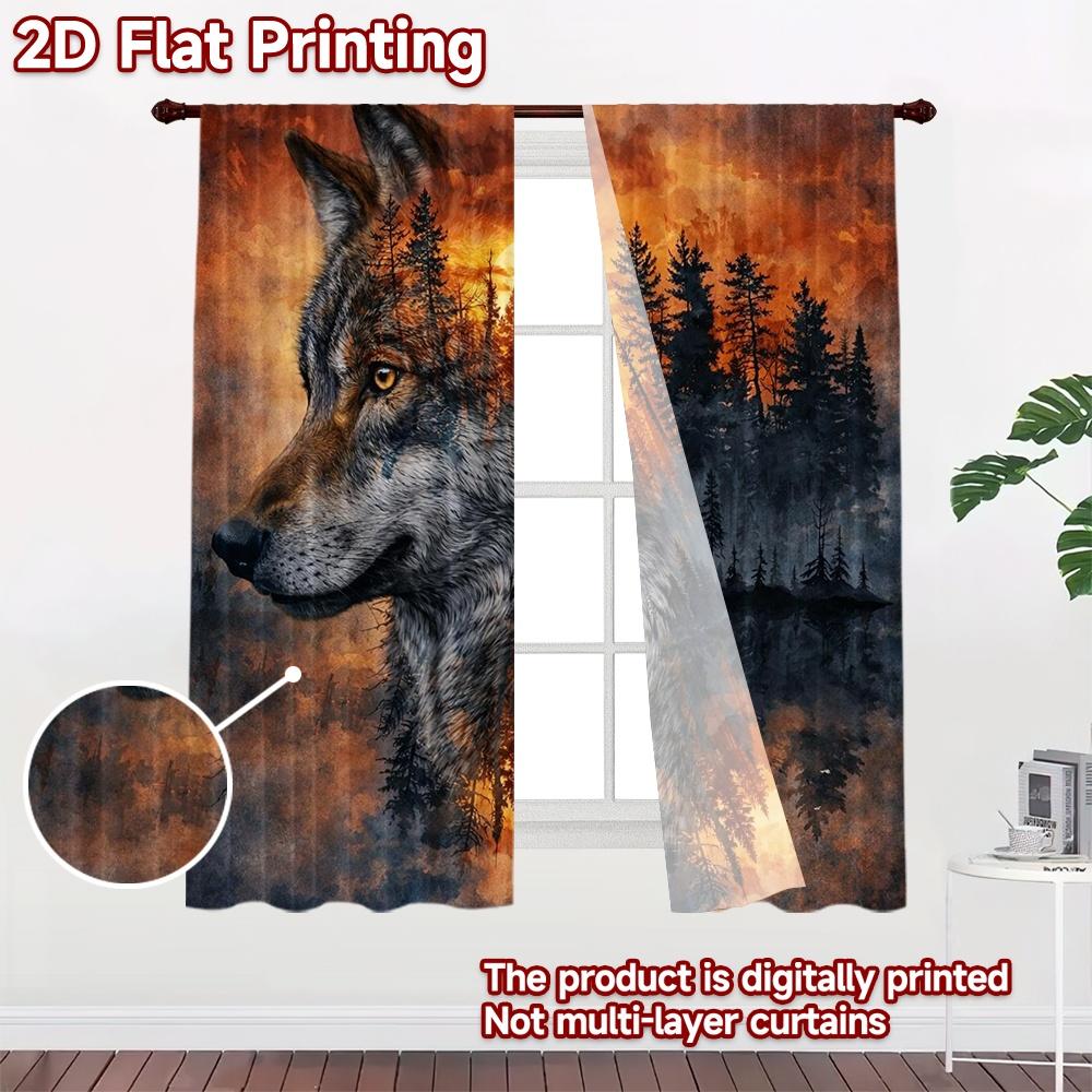2D FLAT PRINTING 2pcs Curtains (Without Rod) Wolf and Forest Sunset Chic Curtains Digital Printed Yarn Curtains Art Deco Festive