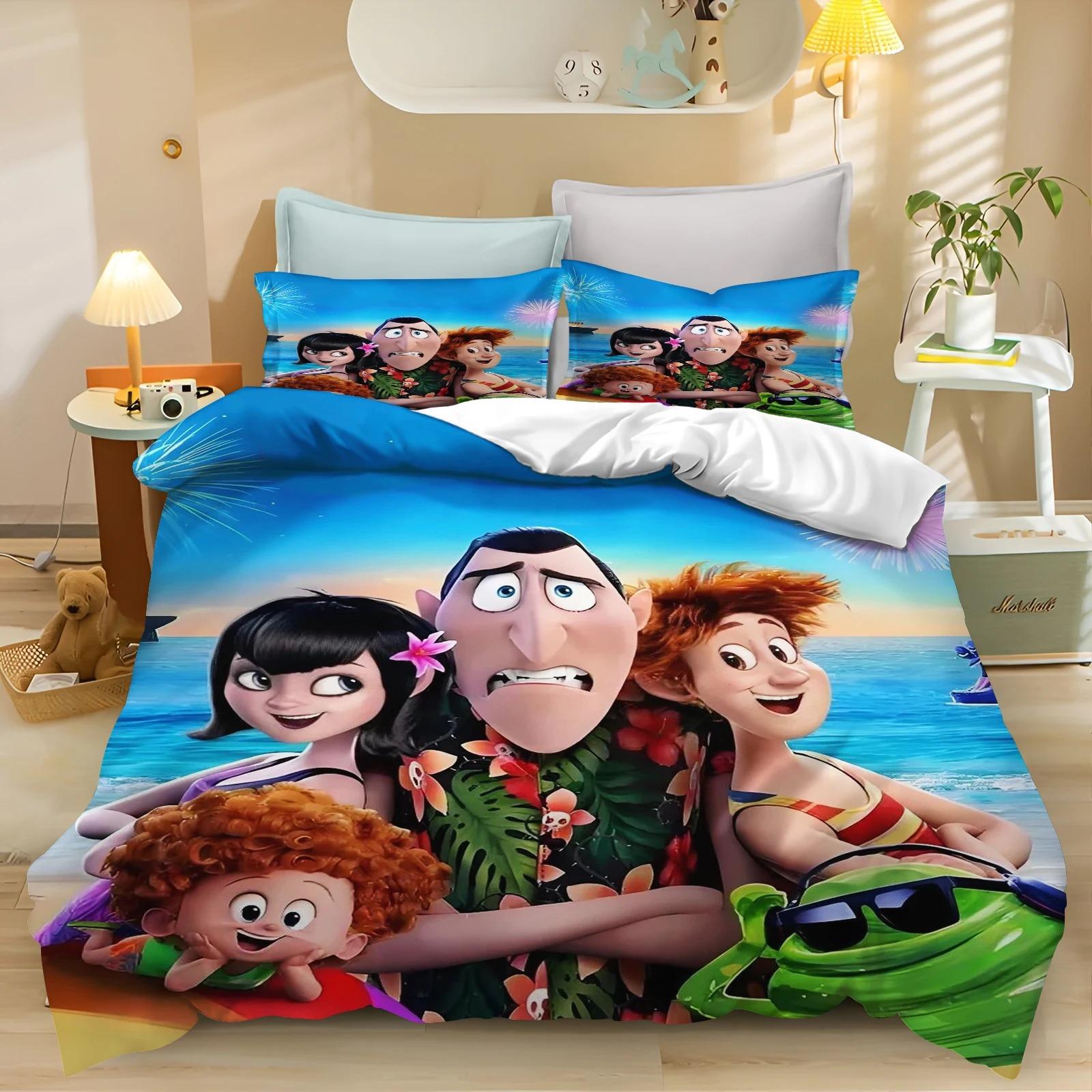 Ensemble de literie dessin animé Hotel Transylvania Housse de couette Halloween, Couvre-lit imprimé 3D pour chambre d'enfant, 2/3 pièces Taille Full/Queen/King 135x200cm (2pcs)