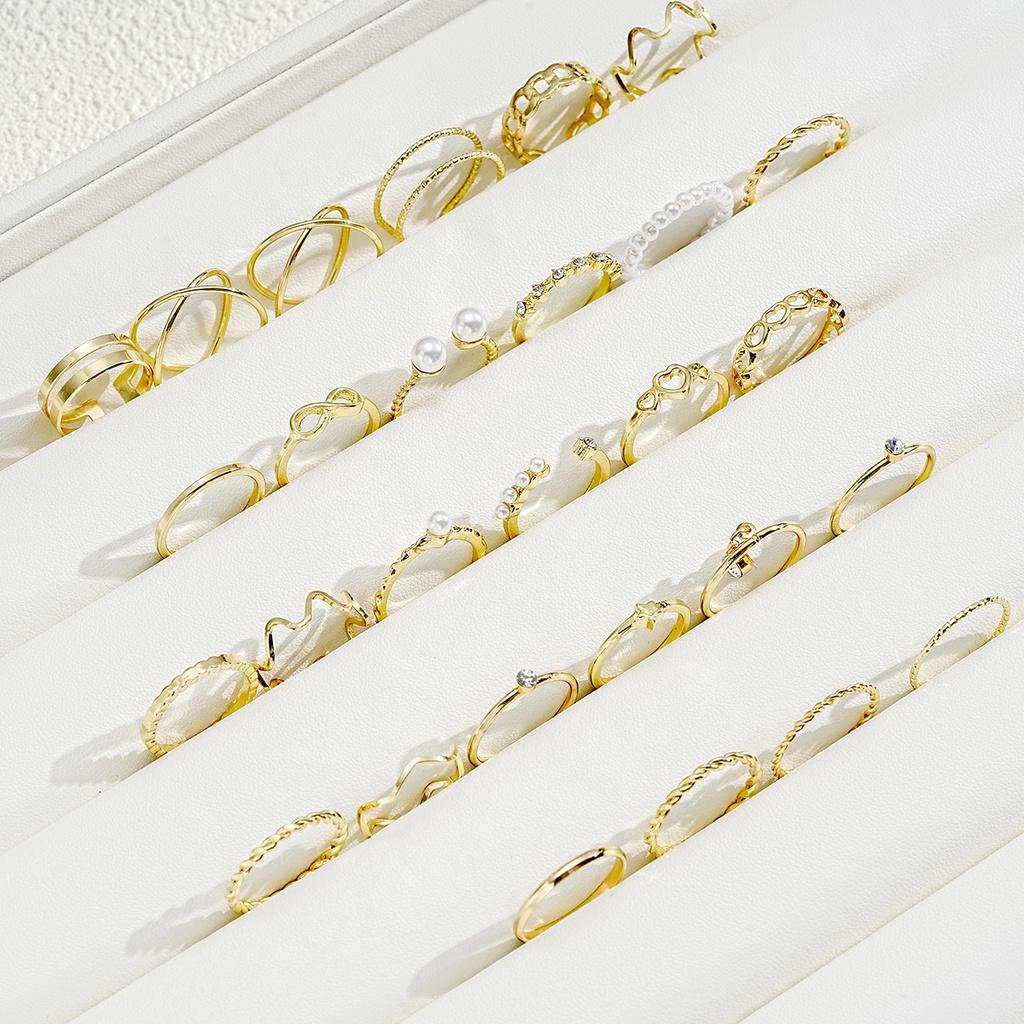 28Pcs/set Cross Wave Ring Set Pearl Crystal Gold Rings for Women Jewelry Accessories