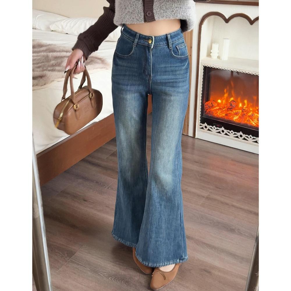 Women s High Waist Flare Jeans Loose Fit Casual Solid Blue Fleece Lined Denim Trousers for Autumn Winter S