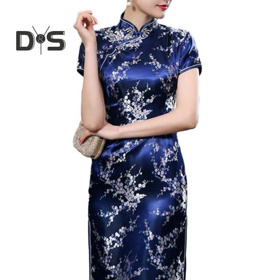 Women Dress Chinese National Style Floral Embroidery Stand Collar Short Sleeves High Side Split Chinese Knot Buttons Cheongsam Satin Silky Slim Fit