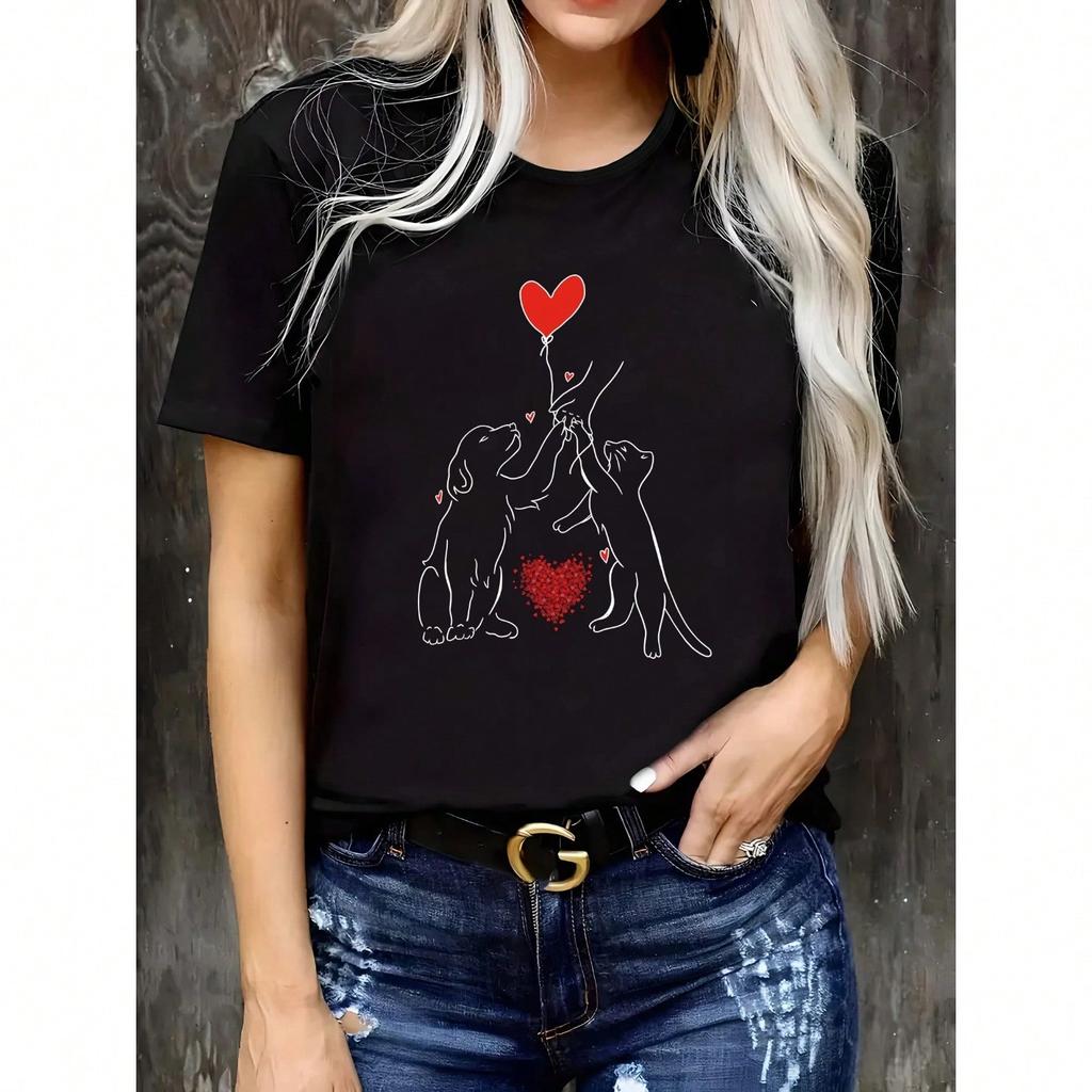 Hund & Katze Aufdruck T-Shirt Lässiges Rundhals Kurzarm Oberteil Für Frühling & Sommer Wounisex Kleidung Y2k Top