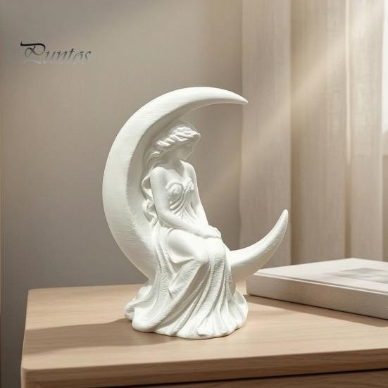 Modern Home Decoration Moon Goddess Fairy Figurine, Matte White Sculpture, 3D Printed PLA Elegant Ornament Winged Statue, Mystical Fantasy for