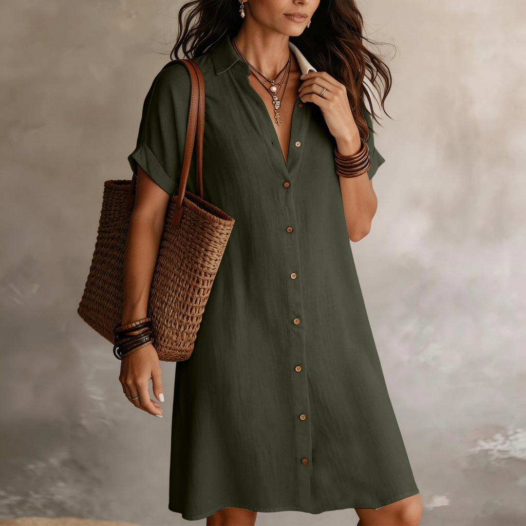 Women’s Casual Short Sleeve Button Down Midi Dress Loose Fit Shirt Dress with Turn Down Collar for Daily Wear