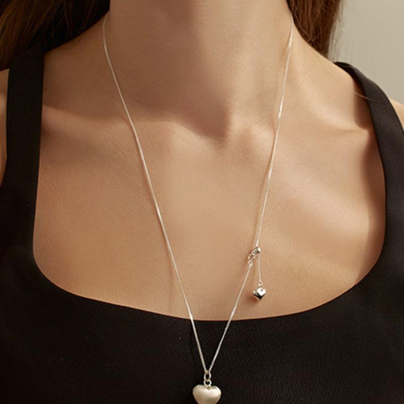 

Lewe [6mm+10mm pearl earrings included] [5 possible styles] Volume heart long necklace Silver