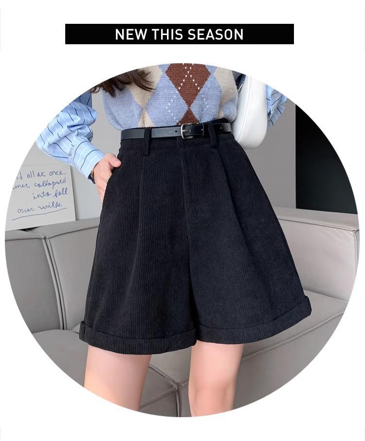 Maillard Coffee Corduroy High-Waist A-Line Shorts for Women - Autumn/Winter