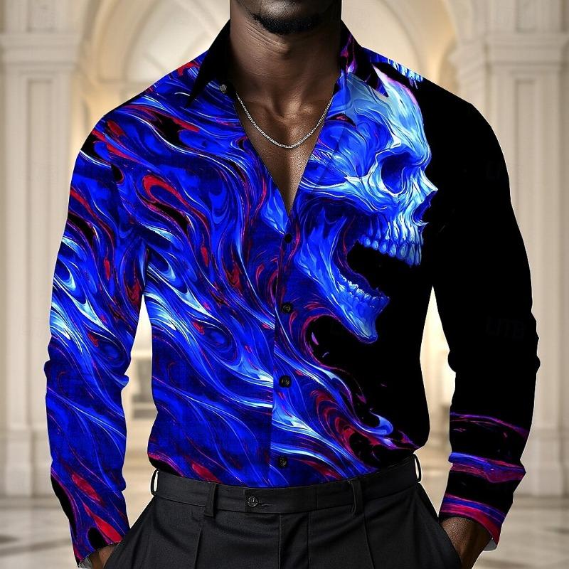 Men's Skull Halloween Costumes Shirt Long Sleeve Dark Gothic Style Holiday Summer Spring Fall Turndown 3D Print Button Up Shirt