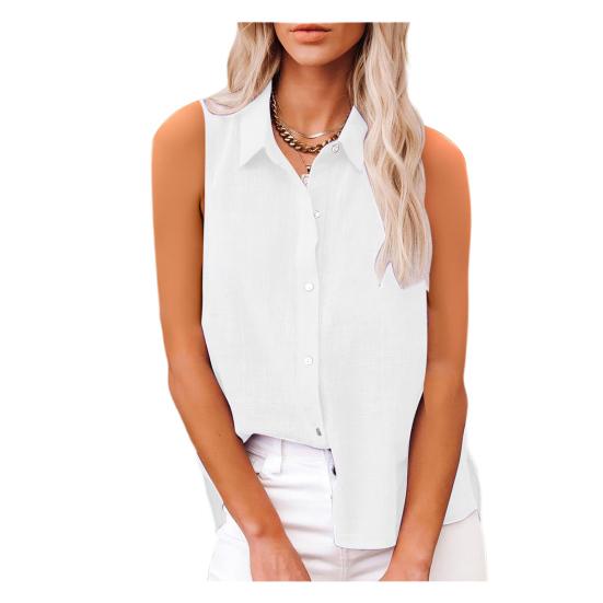 

Women Shirt Lapel Sleeveless Button Down Shirt Pure Color Loose Fit Mid-length Blouse Breathable Summer Tops Office Workwear M білий