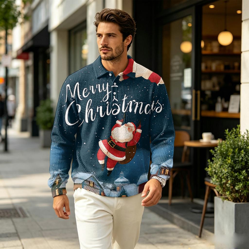 Men's Fall Knit Pullover with Collar and Pocket, Christmas Print Long Sleeve Casual Top