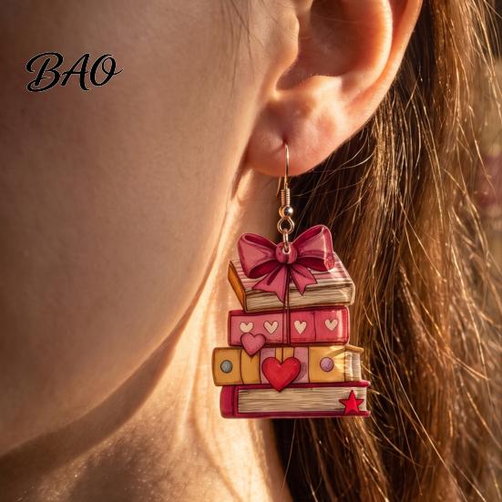 Chic School Season Accessories 1 Pair Acrylic Book Earrings for Women, Vintage Stacking with Pink Retro Theme Bow And Heart, Funny Dangle Jewelry,