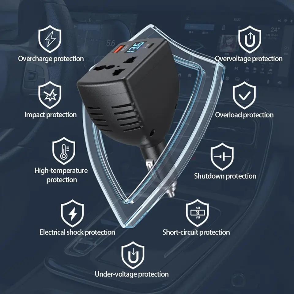 150W Digital Display Car Charger Car Inverter 12V 24V to 220V Car Truck Universal Mobile Phone Fast Charging Car Charger