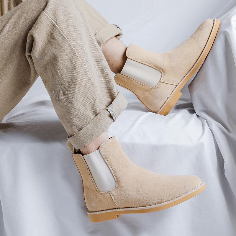mens casual cow suede leather boots black beige shoes cowboy ankle boot youth street style spring autumn chelsea botas zapatos