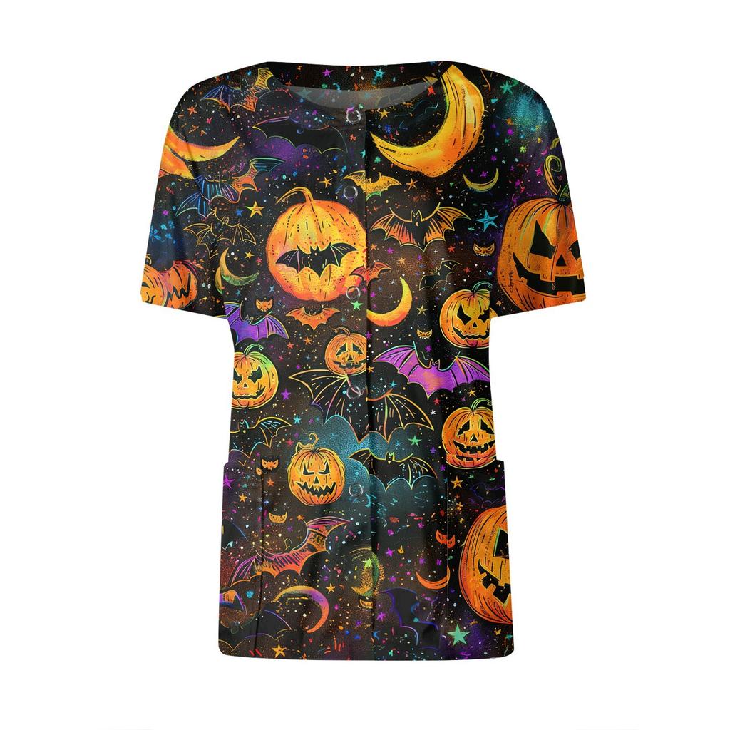 Women's Short Sleeved Patterned Pockets, Work Print Stand Up Collar, Single Breasted Protective Clothing, Cardigan Jacket, Top