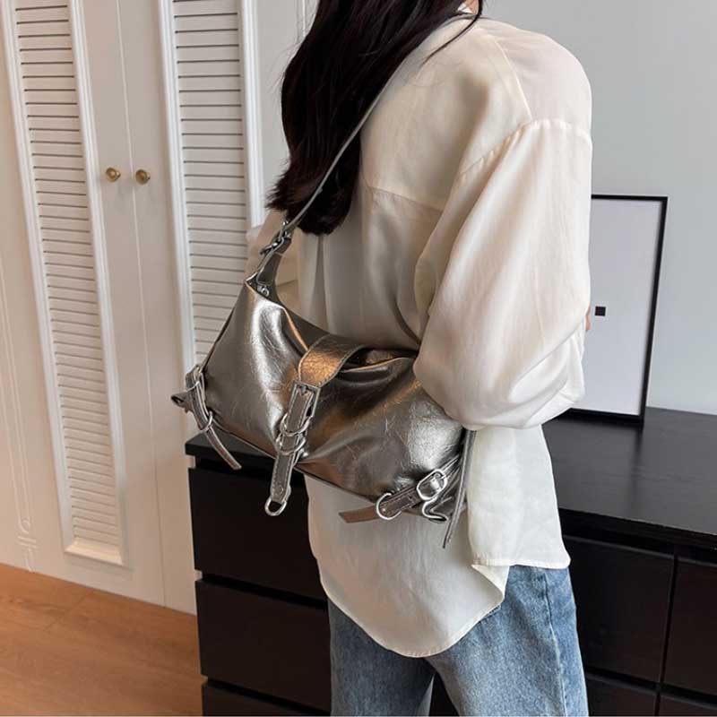 Silver Leather Crossbody Bags for Women Luxury 2024 Y2k Korean Fashion Underarm Shoulder Bag Female Armpit Bag Handbags bolsas