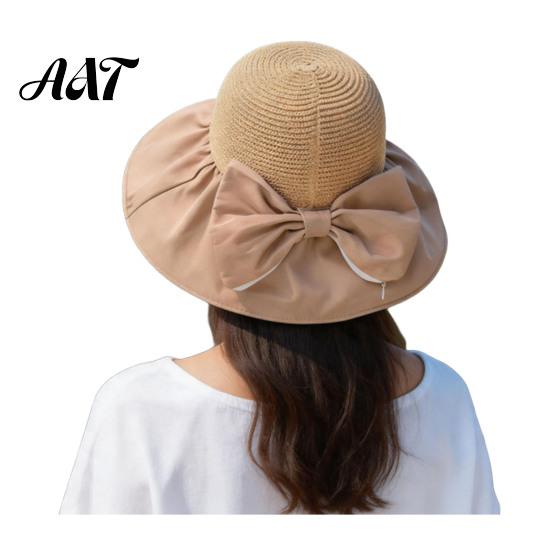 Sun Protection Hat for Outdoor Woven Hat, Women Wide Brim Beach Floppy Breathable with Bow, UV Summer Vacation Camping Travel Accessories