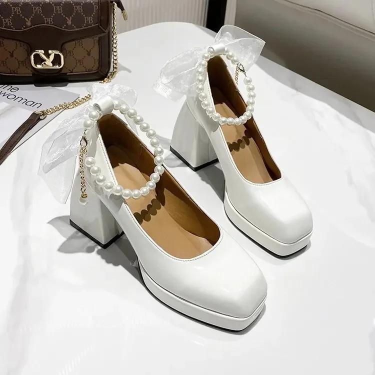 

Fashion Mary s New Style Women s High Heels Pearl White Patent Leather Thick Platform Single Shoe Cute Small Skin Shoes 35