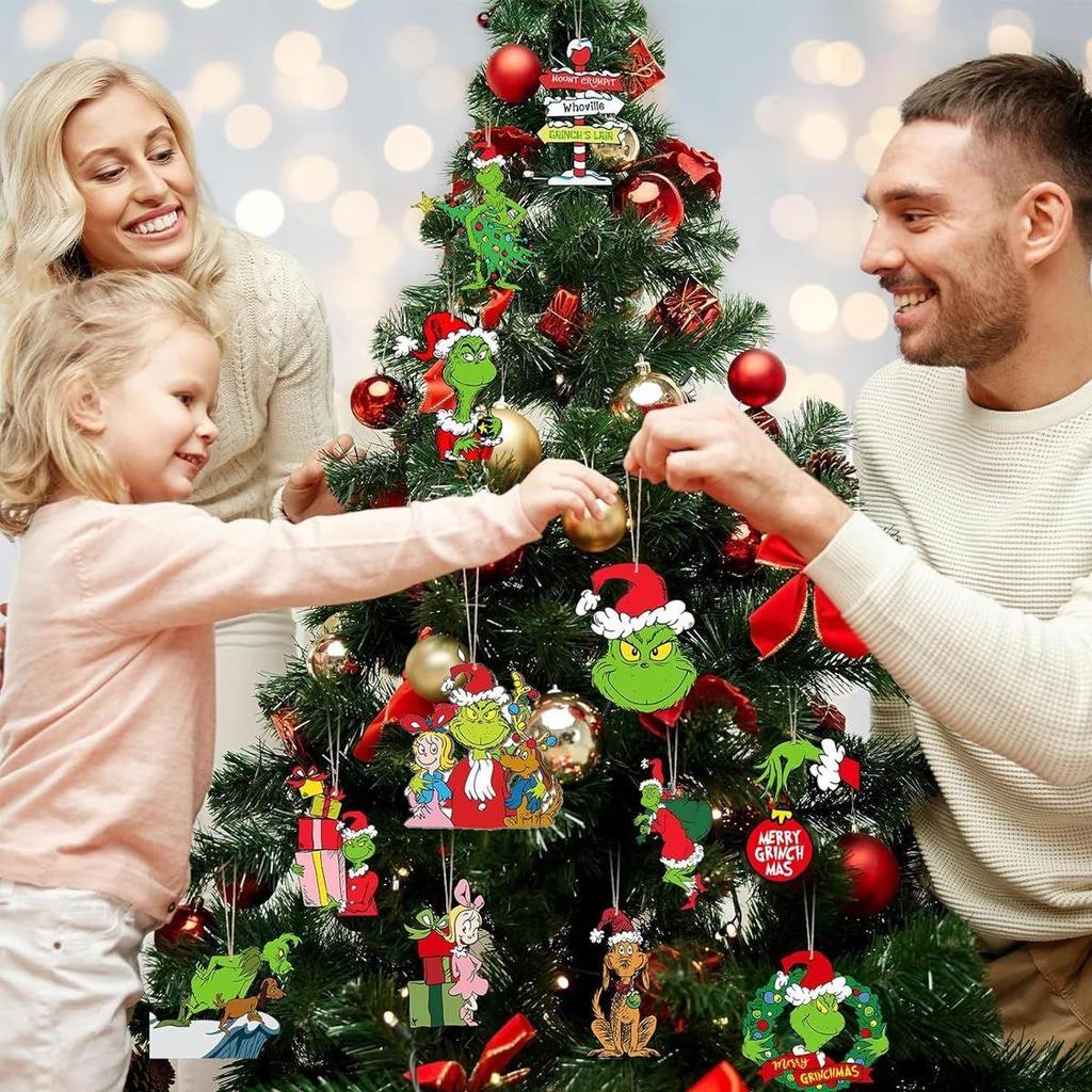 24 Stück Lustige Grinch Weihnachtsdekorationen Weihnachtsbaum Holz Hängeornamente Sortierte Grinch-Motive Weihnachtsbaumschmuck