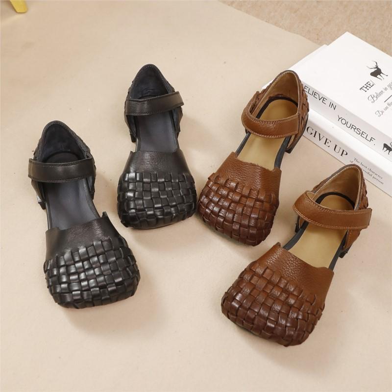 Fashion GKTINOO Genuine Leather Square Toe Women's Shoes Spring/summer 2025 New Versatile Low Heel Woven Sandals