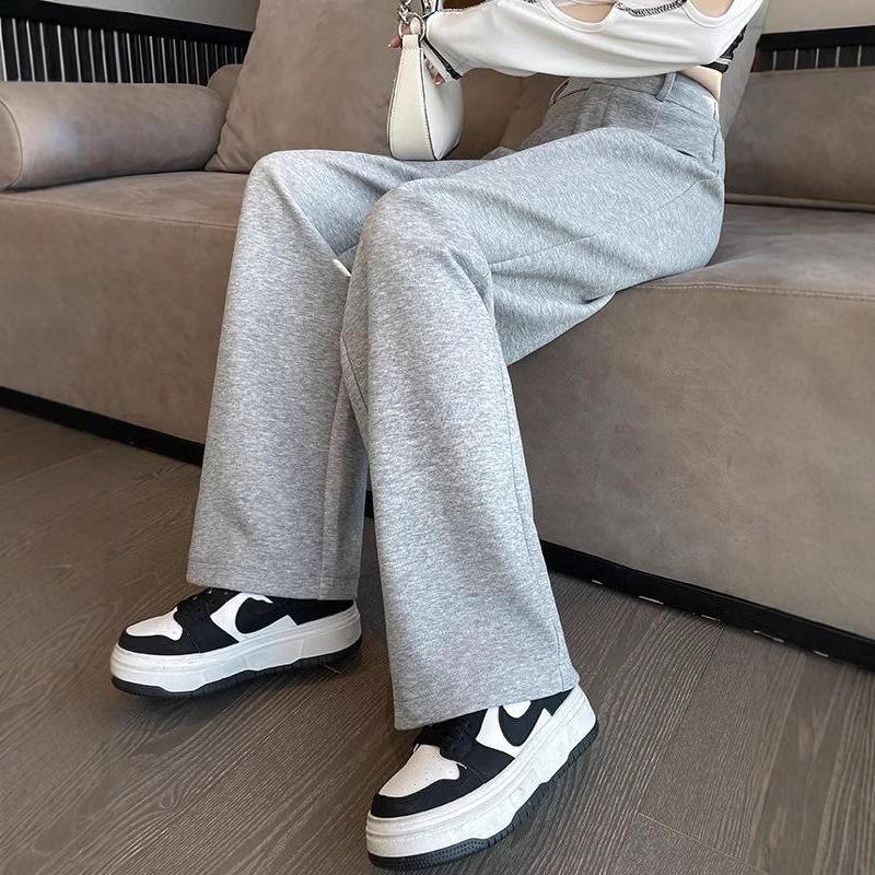 145cm Women's High Waist Slim Fit Wide Leg Knitted Sweatpants, Floor-Length for Autumn, Petite Size.