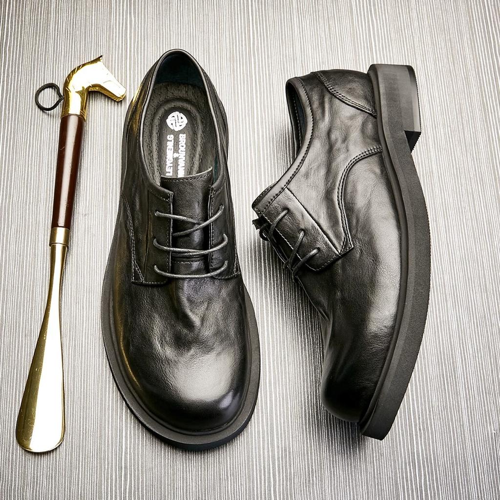 Lederschuhe Herren Trend Britische Low-Top Freizeitschuhe Business Runde Zehe Vielseitige Schwarze Mode Lederschuhe Weichsohlige Herrenschuhe