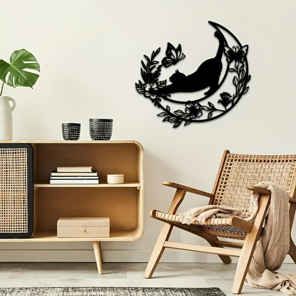 Wrought Iron Black Cat Moon Wall Decor 11.81in Metal Art Sculpture for Living Room Indoor Hanging Home Decoration