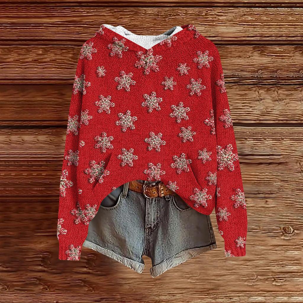 Women's Fashion Casual Long Sleeve Christmas Print Hooded Knitted Sweatshirt