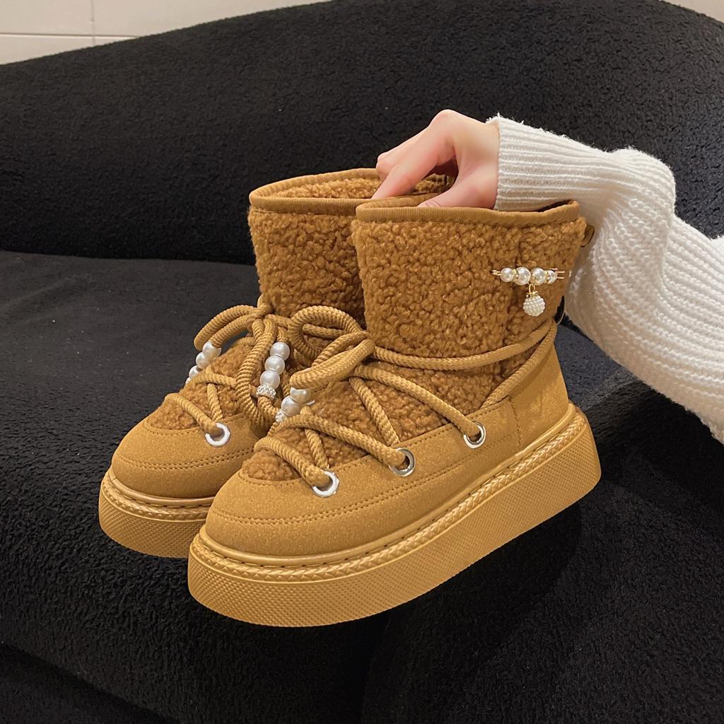 2024 Round Head Lace-up Fashion Warm Cotton Shoes Platform Versatile Snow Boots Flat Casual Winter Shoes Women Botas De Mujer