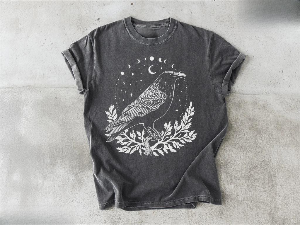 Raben Mondphasen Comfort Colors T-Shirt: Gothic Celestial T-Shirt Grafik T-Shirts Retro Streetwear Kurzärmeliges Herren T-Shirt