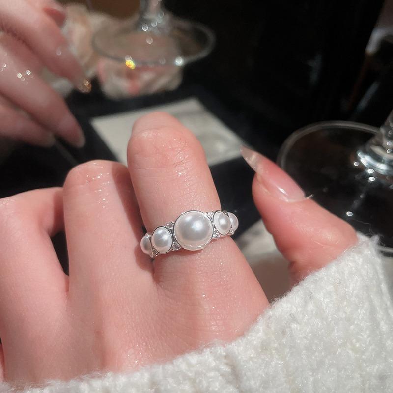 Cold wind zircon pearl opening ring Korean elegant temperament versatile index finger ring light luxury high-end jewelry women