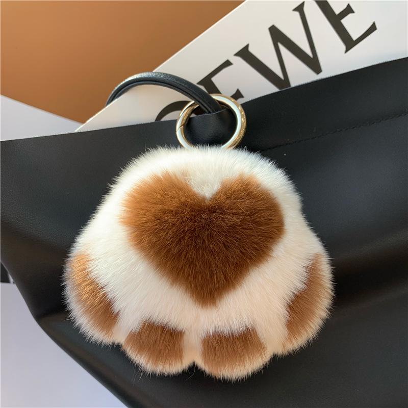 Kitten Paw Rex Rabbit Fur Keyring Pendant - Cute Plush Ball Bag Charm Birthday Gift