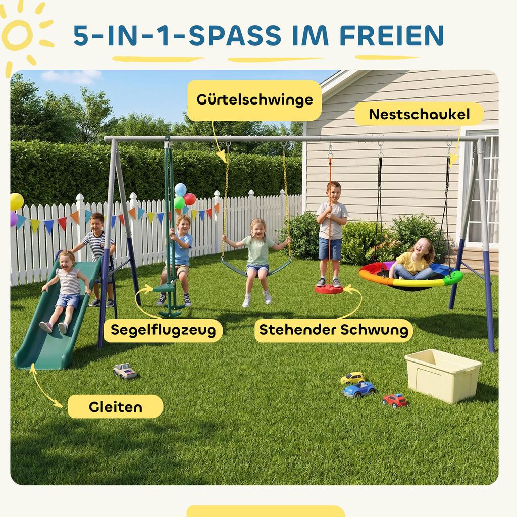 5-in-1 Swing Set with Slide Height-Adjustable Swing Frame with Nest Swing 382x196x203 cm Multicolor