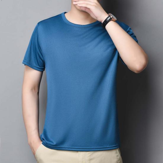 Summer Men Top Ice Silk Quick-drying Short Sleeves O Neck Loose Solid Color Thin Breathable Elastic Casual Pullover Daily Sport Top