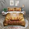 Queen Crown Wings Bedding Set Gold Pink Royal Crown And Wings Print With Queen Text Breathable Bedroom Decor