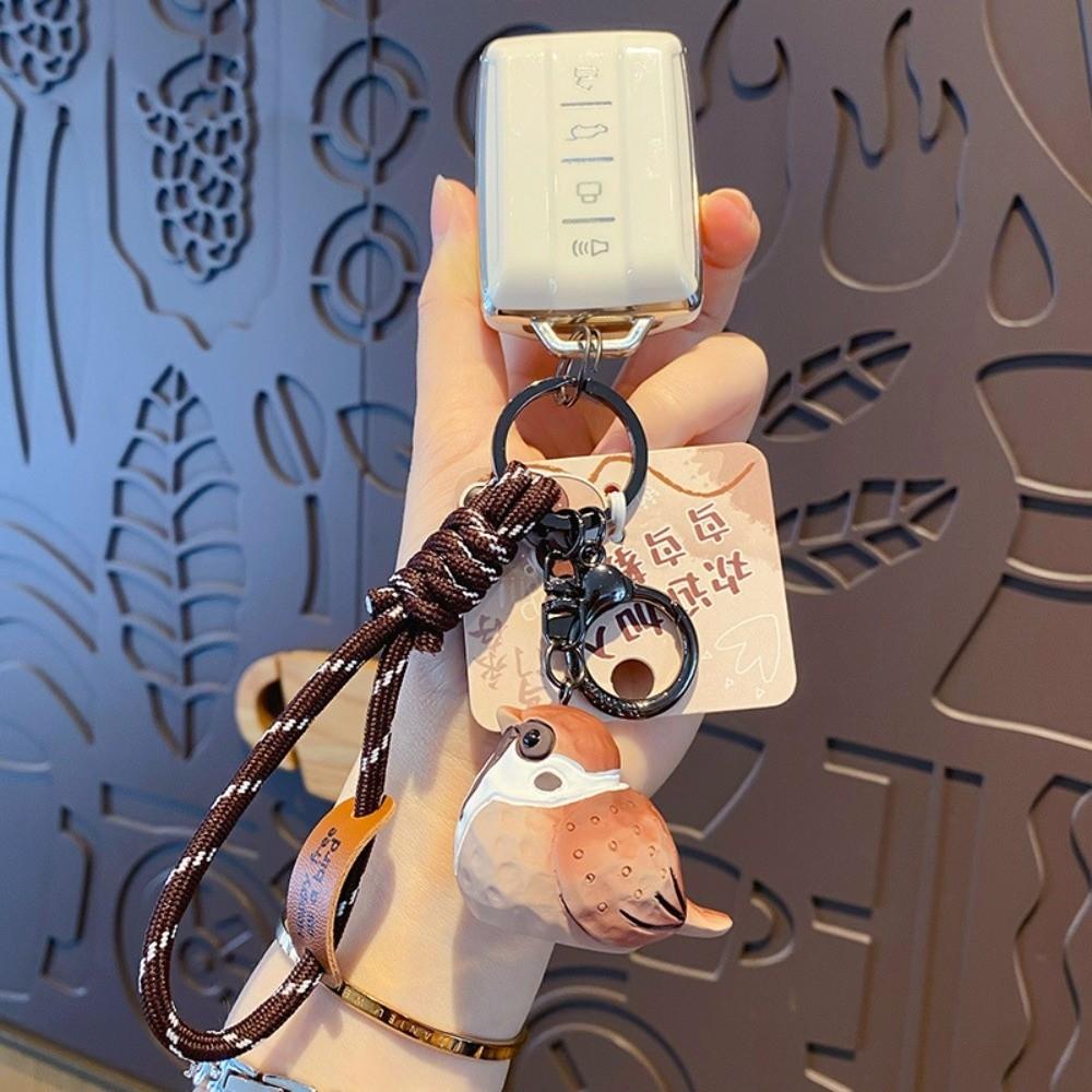 Kawaii Imitation Wood Carving Keychain Cartoon Pearl Bird Keychain Animal Key Ring  Kids