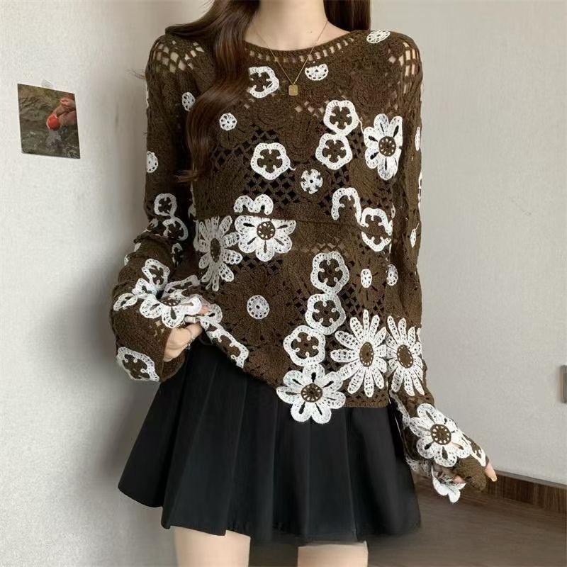 Bohemian Crochet Hollow Knit Sweater for Women Loose Color-Block Long-Sleeve Knit Pullover Top