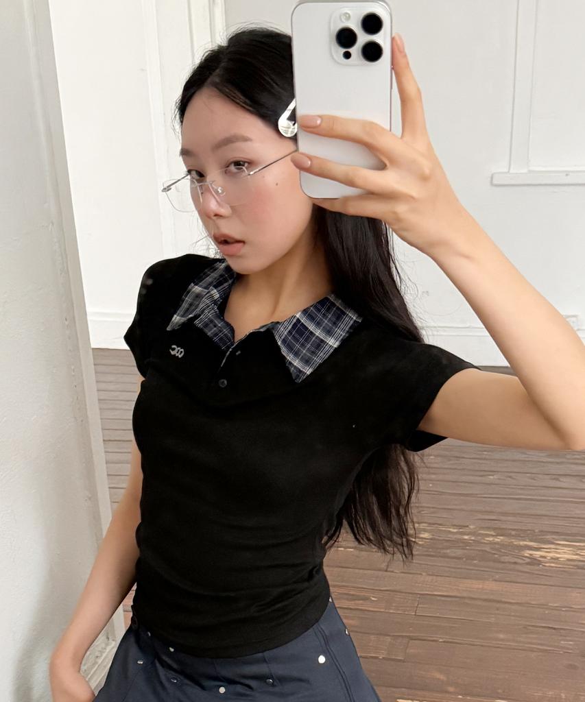 CHICKS Check Point Collared Short Sleeve T-Shirt Black