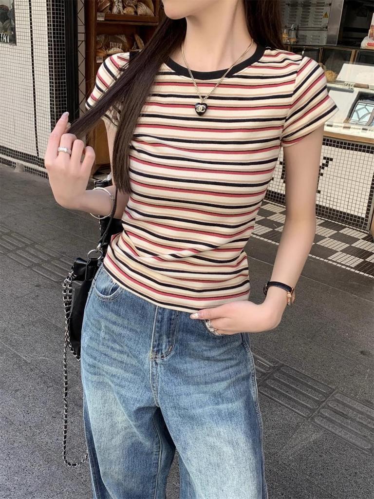 Women's Summer Retro Chic Striped Color-Block Slim-Fit T-Shirt with Short Sleeves