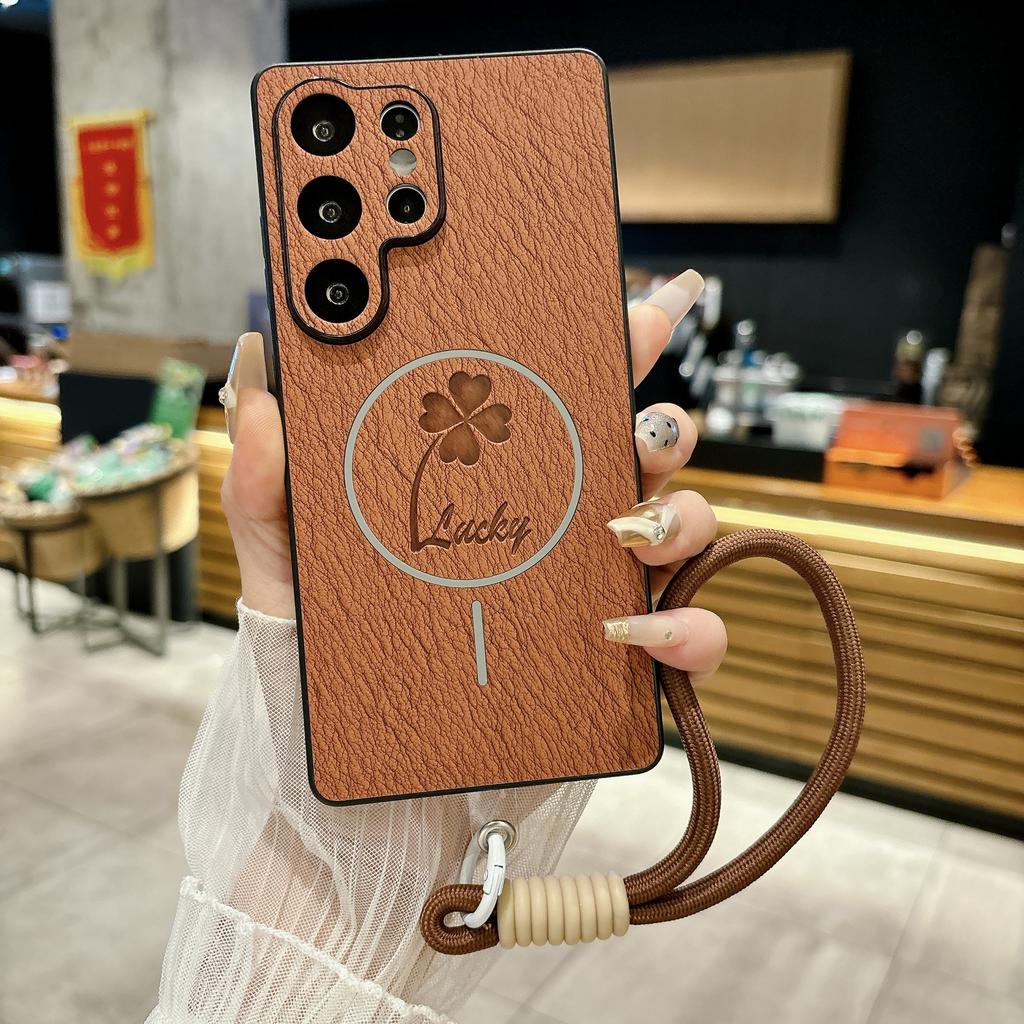 Samsung S25ULTRA Four-leaf Clover Mobile Phone Case S24FE Leather Pattern Magnetic Absorbing Model Full Pack S23p Anti Fall