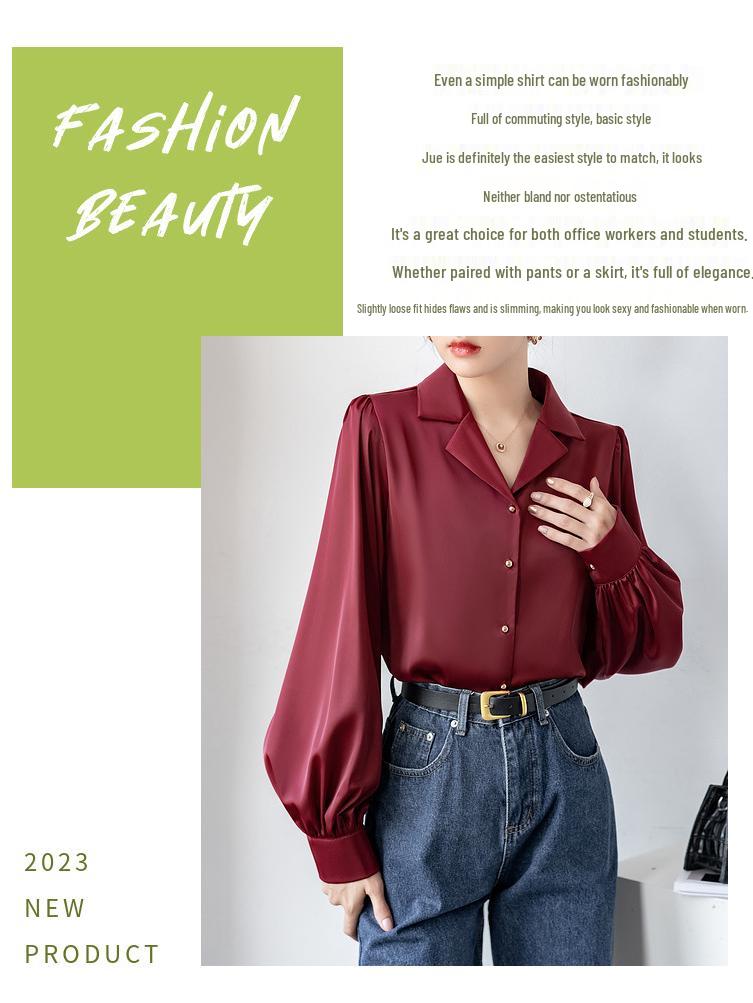 Women's Black Satin Shirt - 2026 Spring/Fall Loose Fit with Stylish Suit Collar and Long Sleeves