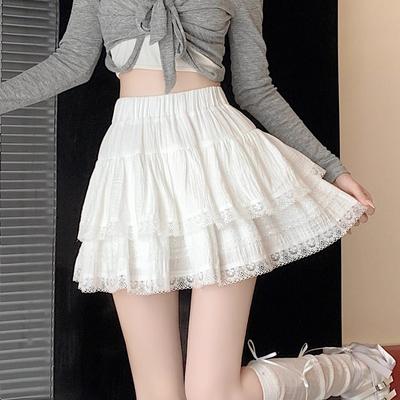 Plus Size White French Ballet Puffy Layered Ruffle A-Line High Waist Lace Skirt
