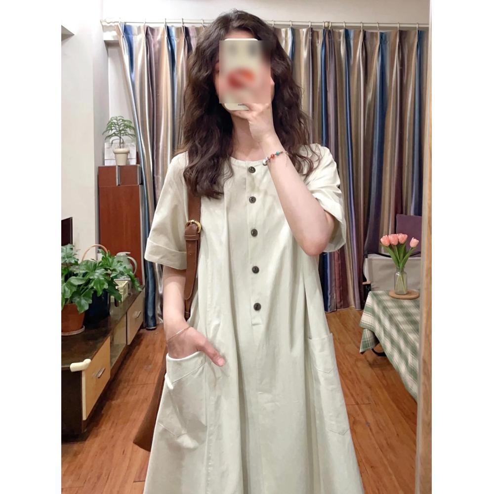 Women's summer new literary and retro Japanese long dress loose casual and thin short-sleeved dress small lazy style
